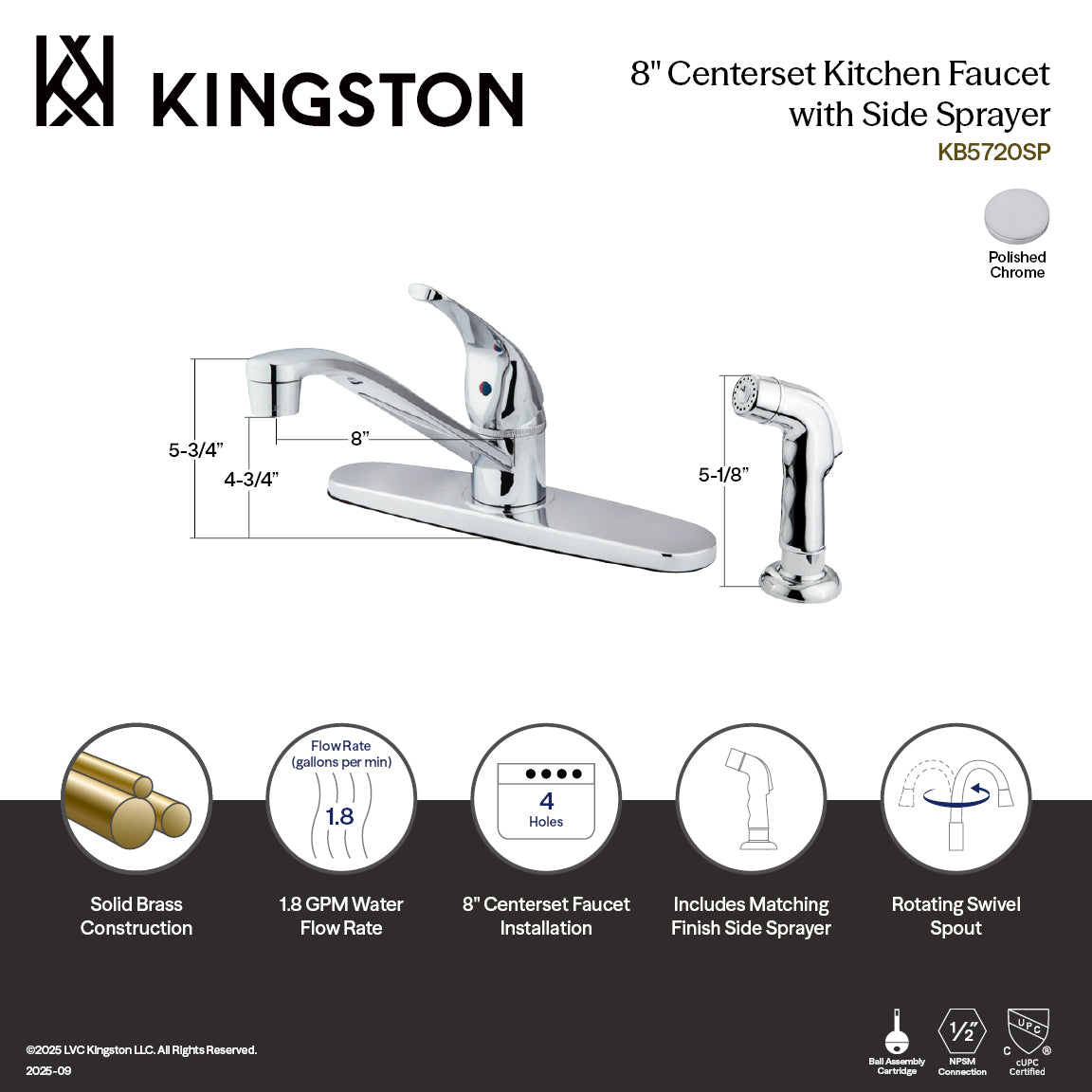 Kingston KB5720SP One-Handle 4-Hole 8" Centerset Kitchen Faucet with Side Sprayer, Polished Chrome — thumbnail 2